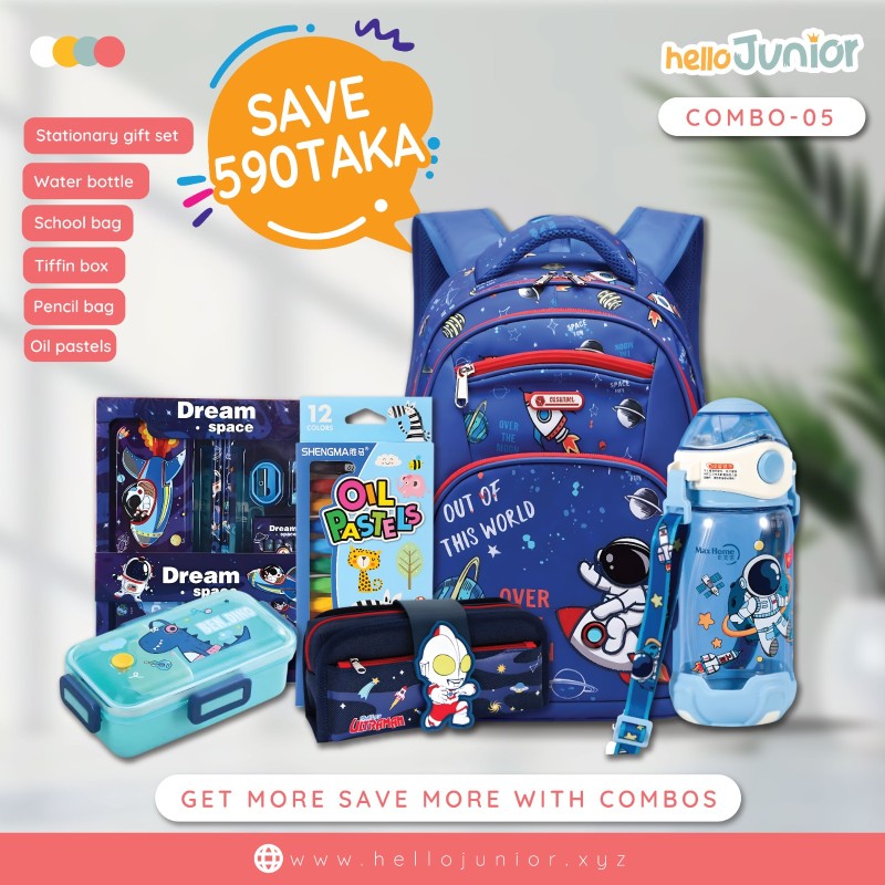 Hello Junior Stationary Combo: A stylish bag, water bottle, tiffin box , Pencil bag,  oil pastels color set, Essential Stationery Set all in one exciting and functional set!