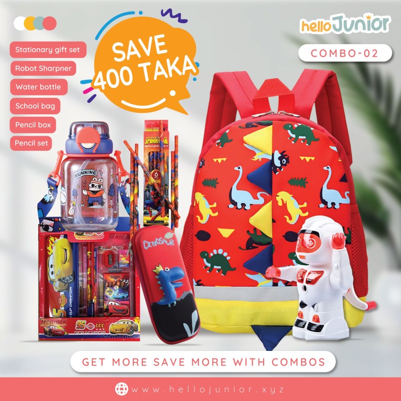 Hello Junior Stationary Combo: A stylish preschool bag, water bottle, pencil set, multifunction sharpener, and essential stationery – all in one exciting set! Perfect for school and creative fun.