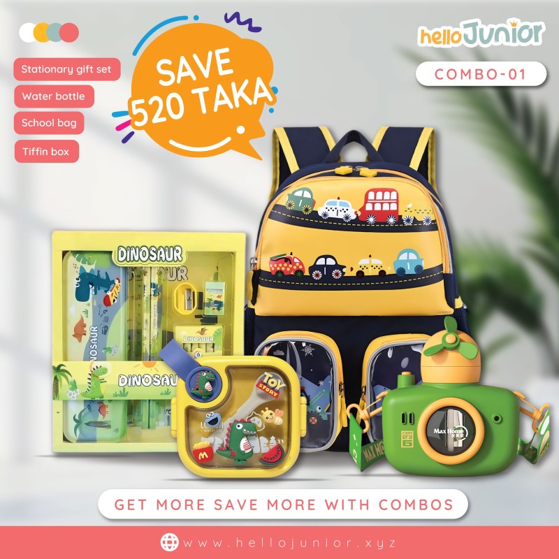 Hello Junior Dino Stationary Combo: A stylish bag, tiffin box, water bottle, and essential stationery