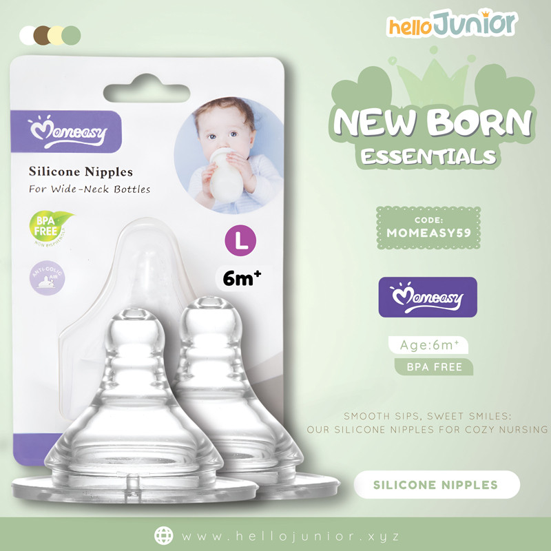 Momeasy Silicone Nipples for wide-neck bottles, suitable from 6+ month.