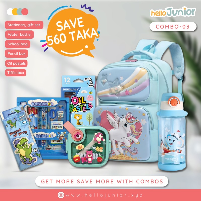 Hello Junior Stationary Combo: A stylish bag, water bottle, tiffin box and essential stationery, Pencil set , Pencil Box, oil pastels Color set all in one exciting and functional set!