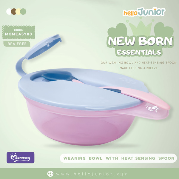 Momeasy weaning bowl with heat-sensing spoon (6m+) , 7oz, Pink & blue